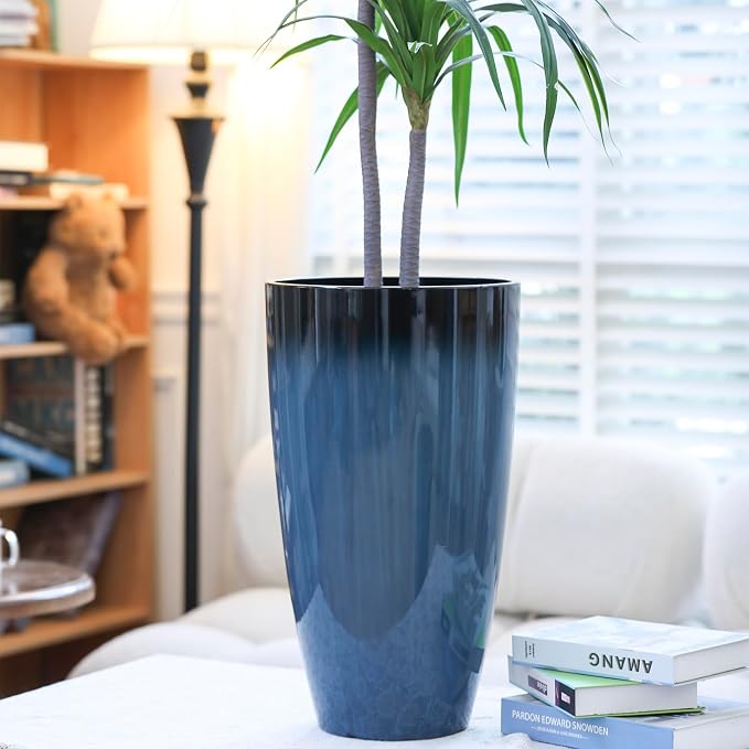 Sun-E Tall Planters for Front Porch 2 Pack, 21-Inch Large Outdoor Planters with Removable Insert Shelf, High Glossy Glazed Ceramic-Look Tall Blue Flower Pots for Indoor Corner Patio Entryway Decor