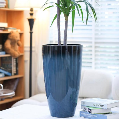 Sun-E Tall Planters for Front Porch 2 Pack, 21-Inch Large Outdoor Planters with Removable Insert Shelf, High Glossy Glazed Ceramic-Look Tall Blue Flower Pots for Indoor Corner Patio Entryway Decor