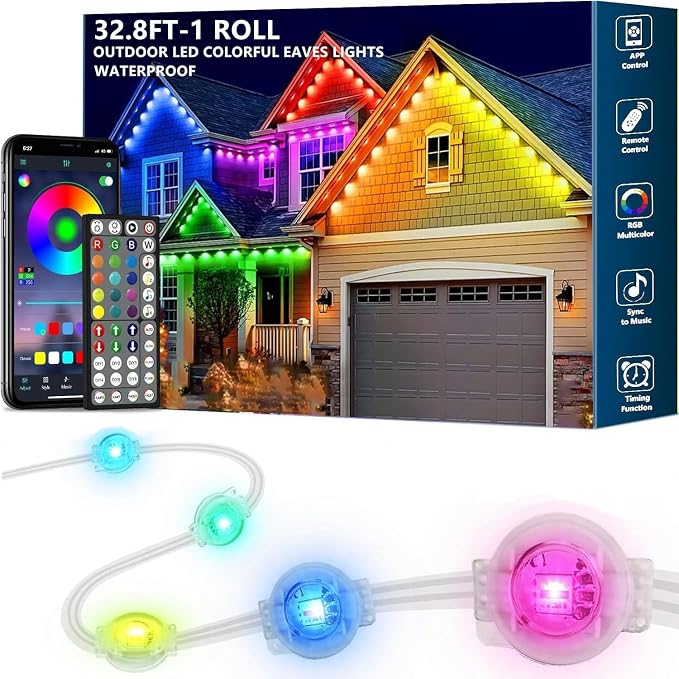 32.8FT Permanent Outdoor RGB Lights,IP67 Waterproof Smart LED Eaves Lights with App/Remote Control,for Christmas and All Holiday Decor,Daily and Accent Lighting,House Roof and Garden Lighting