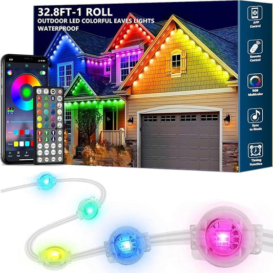 32.8FT Permanent Outdoor RGB Lights,IP67 Waterproof Smart LED Eaves Lights with App/Remote Control,for Christmas and All Holiday Decor,Daily and Accent Lighting,House Roof and Garden Lighting