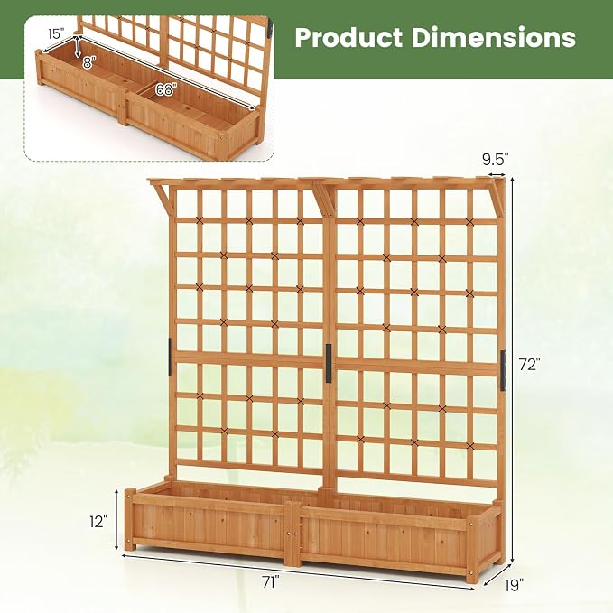 72" Raised Garden Bed with Lattice Trellis, Hanging Roof & Drainage Holes, Elevated Wooden Planter Box for Vine Climbing Plant, Flower, Herb & Vegetable