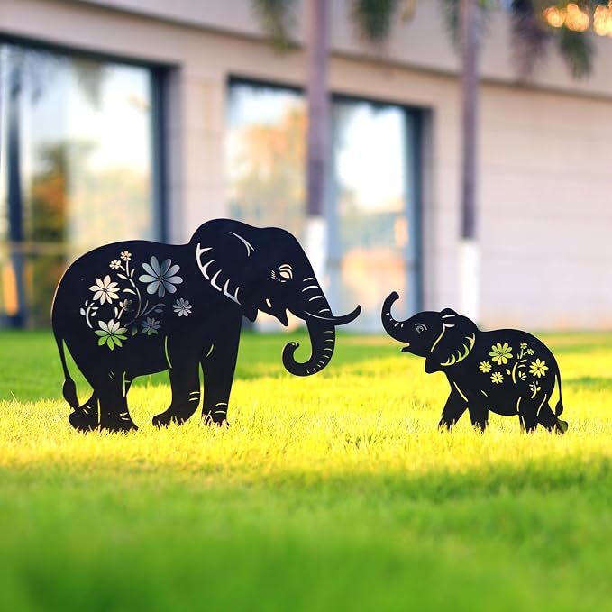WACLSTDAY Elephant Metal Garden Stakes Decorative, Gifts for Women/Men/Elephant Lovers, Black Silhouette Statues Summer Outdoor Decorations for Garden, Yard, Lawn, Pathway,Patio,Outside