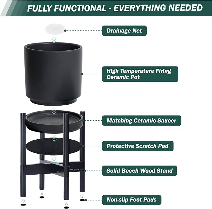D'vine Dev Ceramic Planter with Ebony Stand - 10 Inch Modern Round Flower Pot with Wood Planter Holder, Black, 55-B-L-2