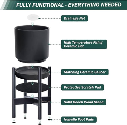 D'vine Dev Ceramic Planter with Ebony Stand - 12 Inch Modern Round Flower Pot with Wood Planter Holder, Black, 55-B-H-2