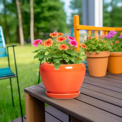 Ceramicfor Ceramic Plant Pot 6 Inch - Ceramic Planter for Indoor Plants Outdoor, Glaze Round Modern Flower Pot with Drainage Hole and Saucer, Gift for Plant Lover, Home Garden Room Decor, Orange