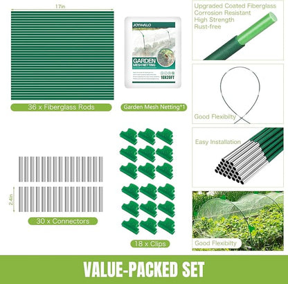 36 Pack Garden Hoops with 10x20 Ft Netting for Raised Beds, 18 Clips | Garden Mesh Netting Kit, 10x20 Ft Net, Bird & Cicada Netting for Trees, Greenhouse & Vegetable Protection, Frost guard
