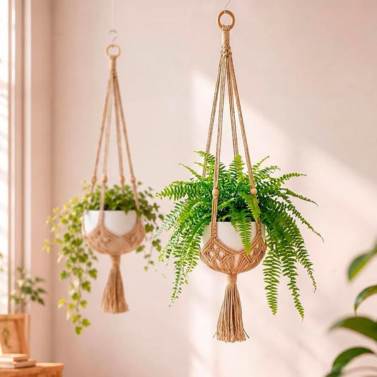 Shappy 2 Pack Boho Macrame Plant Hanger, Large Hanging Planter Plant Holder Pot Hanger Hanging Basket Wall Planters, Plants Lover Gift for Indoor Garden (Wooden Ring and Wooden Beads,Jute Color)