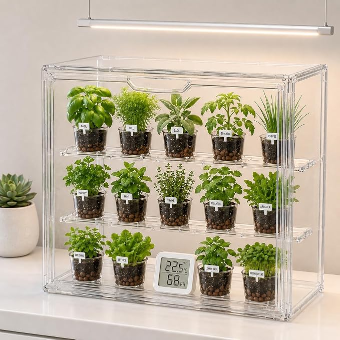 Mini Greenhouse for Indoor, Clear Stackable Green House with Magnetic Door & Adjustable Drainage Dividers, Tabletop Portable Greenhouse for Small Plants Nursery Germination and Display (1 Pack)