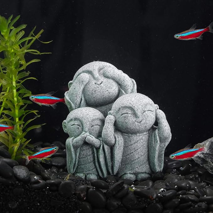 Mini Zen Monk Praying Statue Small Buddha Jizo Figurine Sandstone Feng Shui Sculpture Ornament for Fish Tank Decor Home Garden Good Luck Decoration - No Evil