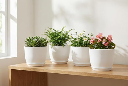 8 Inch Plant Pots Set of 4, Plastic Planters with Drainage Holes and Tray, Flower Pots for Indoor Outdoor Plants and Flowers (White)