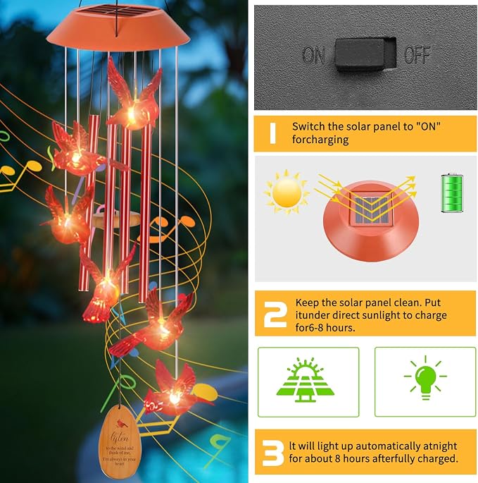 Cardinal Wind Chimes for Outside with 4 Music Aluminum Tubes | Wind Chimes ,Best Gifts for Mom Grandma Women Wife Aunt Sister, Solar Lights Outdoor Wind Chimes, Garden Yard Decor