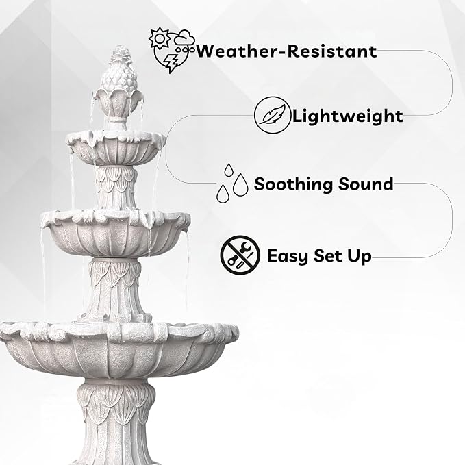 XBrand 58.3" 3-Tier Outdoor Freestanding Water Fountain - Classic Leaf Design, White Resin, Large Bird Bath with Pump - Ideal for Yard, Lawn and Garden, Porch Décor