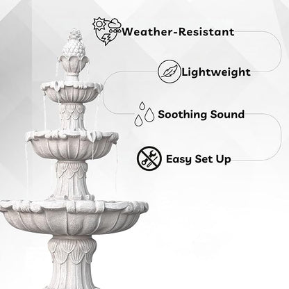 XBrand 58.3" 3-Tier Outdoor Freestanding Water Fountain - Classic Leaf Design, White Resin, Large Bird Bath with Pump - Ideal for Yard, Lawn and Garden, Porch Décor