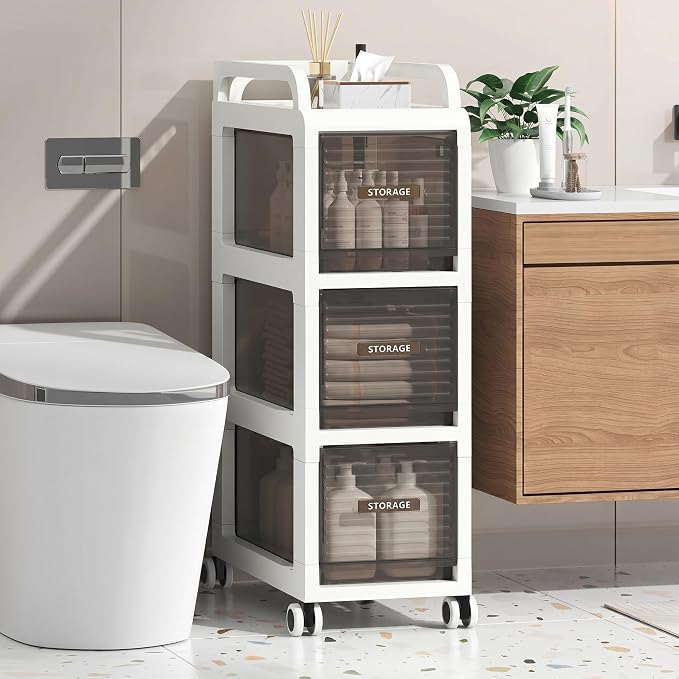 Bathroom Storage with Drawers, 9.8" Wide Wide Slim Storage Cabinet with Wheels for Small Spaces, Narraw Cart for Kitchen Office Bedroom Dinning Room Under Desk, 29.7" Tall