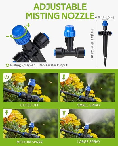 HIRALIY 59FT Drip Irrigation Kit, Quick-Connect Garden Watering System with 15 Adjustable Misting Nozzles and 1/4 in Tubing for Greenhouse, Hanging Plants, Raised Beds & Patio Containers
