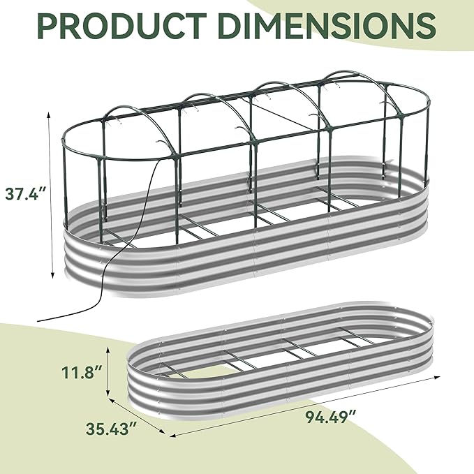Lineware Raised Garden Bed with Self-Watering System, 8x3x1 ft Elevated Planter Boxes Outdoor with Mesh Cover, Oval Galvanized Raised Beds for Gardening,Vegetables,Flowers, Backyard, Patio