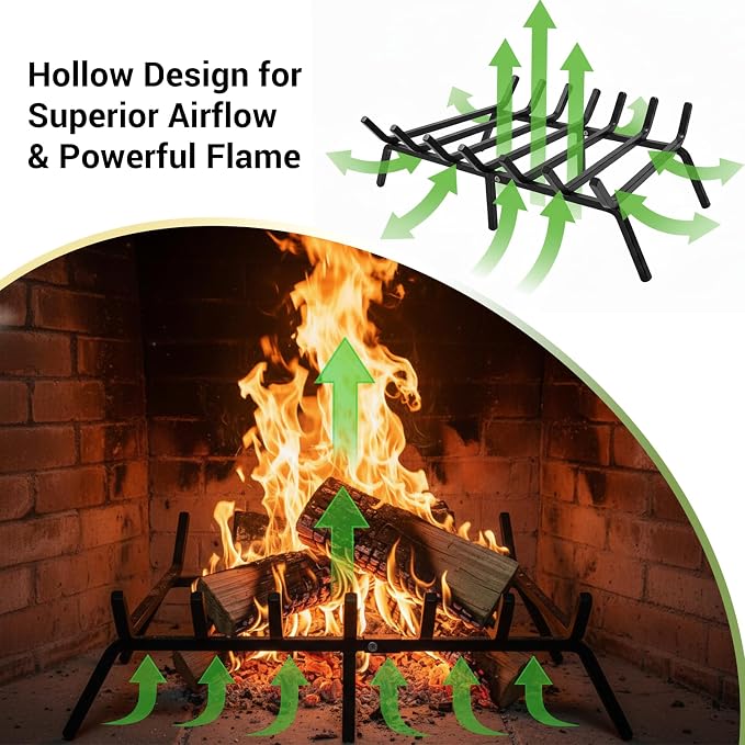 24 Inch Fireplace Grate, 1/2" Solid Steel Fireplace Log Holder, Heavy Duty Firewood Log Burning Rack with 7 Support Bars & 6 Support Legs for Indoor Outdoor Camping