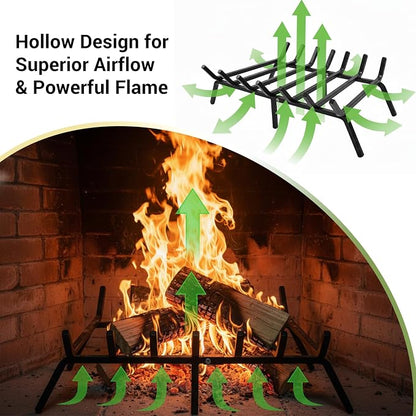24 Inch Fireplace Grate, 1/2" Solid Steel Fireplace Log Holder, Heavy Duty Firewood Log Burning Rack with 7 Support Bars & 6 Support Legs for Indoor Outdoor Camping