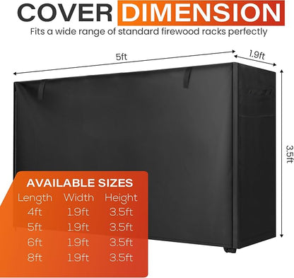 5ft Waterproof Firewood Rack Cover - Heavy Duty Black 600D Oxford Fabric - Indoor Or Outdoor Firewood Log Cover with Zipper & Adhesive Closing Strips - Rack NOT Included - Black