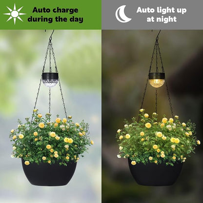 BAYN 2 Packs Solar Hanging Basket Planters for Plants Outdoor | Self Watering, Black Flower Pots with Solar Light , Hanging Planters with Drainer for Balcony Patio Garden Decoration