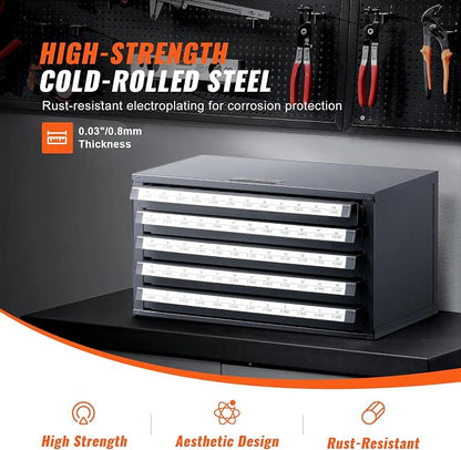 VEVOR Drill Bit Dispenser Cabinet, Five-Drawer Drill Bit Dispenser, 60-Compartment Drill Bit Organizer Cabinet, Drill Dispenser Organizer Cabinet Holder for Jobber Length Wire Gauge Sizes 1 to 60