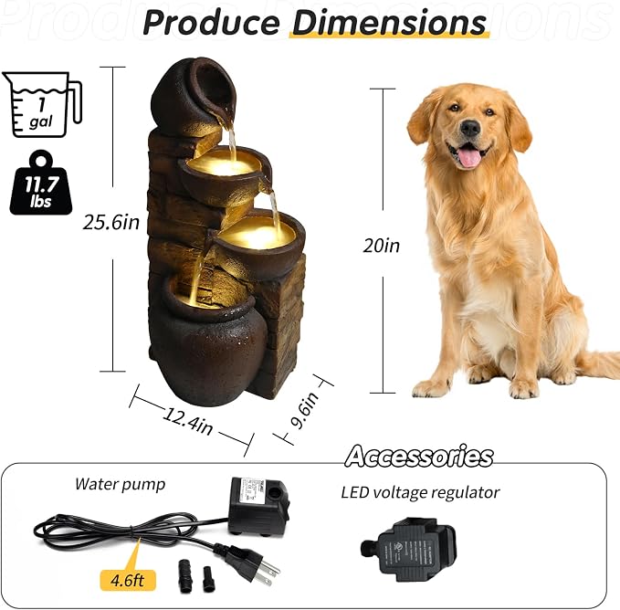 25.6" Outdoor Water Fountain, 4 Tier Cascading Pot Freestanding Water Fountain, Outdoor Fountain with LED Lights, Garden Water Feature, Suitable for Patio Yard Porch Landscape, Brown