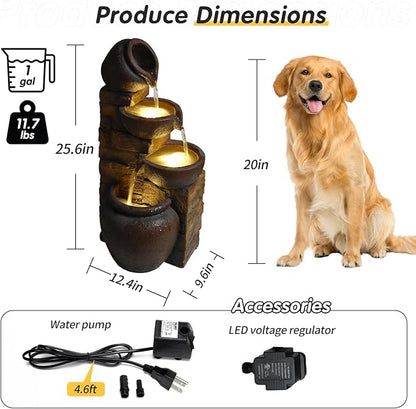 25.6" Outdoor Water Fountain, 4 Tier Cascading Pot Freestanding Water Fountain, Outdoor Fountain with LED Lights, Garden Water Feature, Suitable for Patio Yard Porch Landscape, Brown