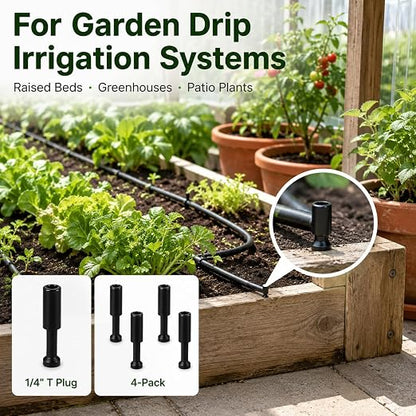 4-Pack 1/4 inch drip Irrigation T Plugs for HEKIWAY Watering Kits; Ideal for Sealing tubing Ends and Quick Repairs.