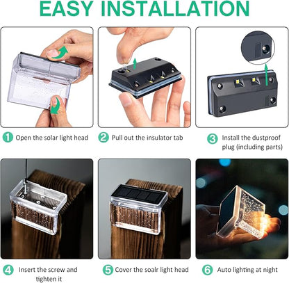 Qualdout Solar Deck Lights 8 Pack, IP65 Waterproof Solar Step Lights Outdoor, Warm White Solar Fence Lights with Crystal Acrylic Lens, Dusk to Dawn LED Lights for Stairs, Railing, Patio, Pool, Yard