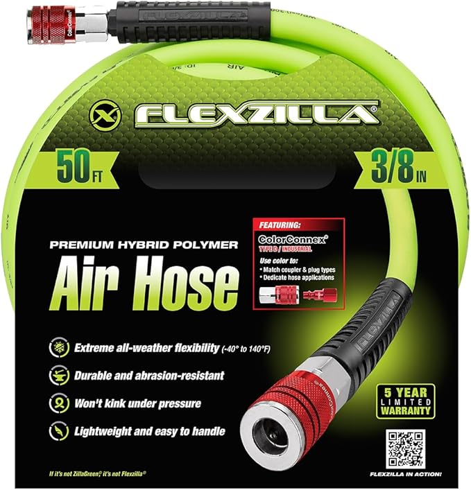 Flexzilla Air Hose with ColorConnex Industrial Type D Coupler and Plug, 3/8 in. x 50 ft., Heavy Duty, Lightweight, Hybrid, ZillaGreen - HFZ3850YW2-D (Pack of 5)