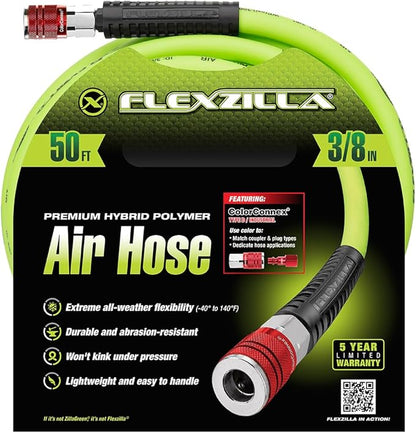 Flexzilla Air Hose with ColorConnex Industrial Type D Coupler and Plug, 3/8 in. x 50 ft., Heavy Duty, Lightweight, Hybrid, ZillaGreen - HFZ3850YW2-D (Pack of 5)