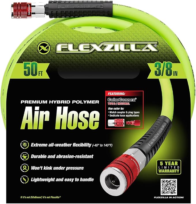 Flexzilla Air Hose with ColorConnex Industrial Type D Coupler and Plug, 3/8 in. x 50 ft., Heavy Duty, Lightweight, Hybrid, ZillaGreen - HFZ3850YW2-D