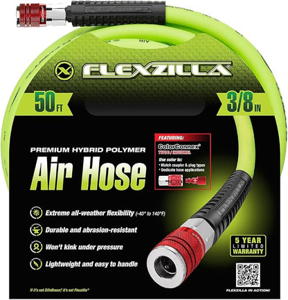 Flexzilla Air Hose with ColorConnex Industrial Type D Coupler and Plug, 3/8 in. x 50 ft., Heavy Duty, Lightweight, Hybrid, ZillaGreen - HFZ3850YW2-D