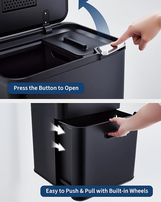 GarveeHome 16 Gallon Dual Trash Can for Kitchen, 2 Compartment Stainless Steel Garbage Can, 33L+28L Kitchen Recycling Bin with Compost Caddy, Removable Inner Bucket & Odor Control, Black