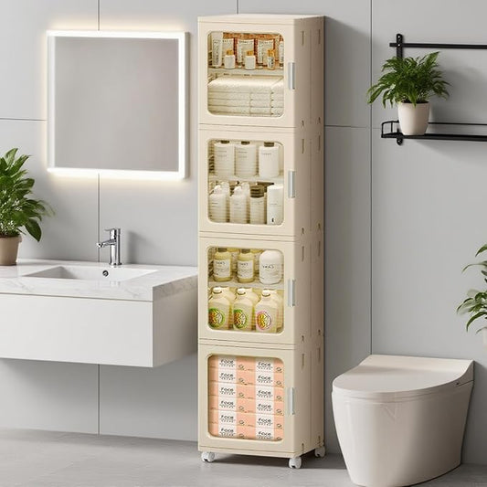 4-Tier Tall Narrow Bathroom Storage Cabinet for Small Space,Beige | Quick Assembly,Foldable,Plastic Organizers,Magnetic Doors,Adjustable Shelves,Slim Storage Cabinet,Wheels