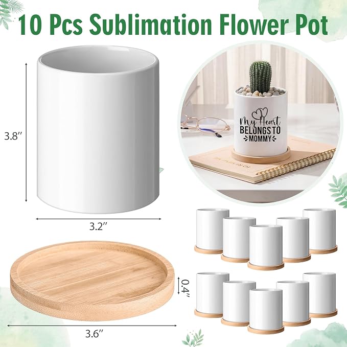 Teenyyou 10 Pcs Sublimation Flower Pot Blanks Mini 3.2 in Garden Ceramic Succulent Planter Pot with Bamboo Tray with Drainage Hole Thank You Gifts for Employee Appreciation Plant Lover