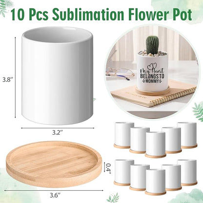 Teenyyou 10 Pcs Sublimation Flower Pot Blanks Mini 3.2 in Garden Ceramic Succulent Planter Pot with Bamboo Tray with Drainage Hole Thank You Gifts for Employee Appreciation Plant Lover