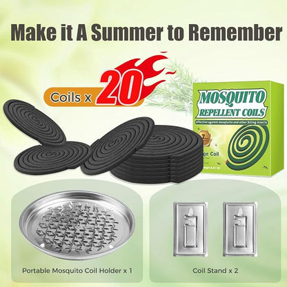 20 Pack Mosquito Repellent Coils, Natural Citronella Mosquito Coils Outdoor Indoor - 7 Hour Long Lasting Bug Repellent for Yard, Camping - Plant Based Insect Control with 1 Holder 2 Stands