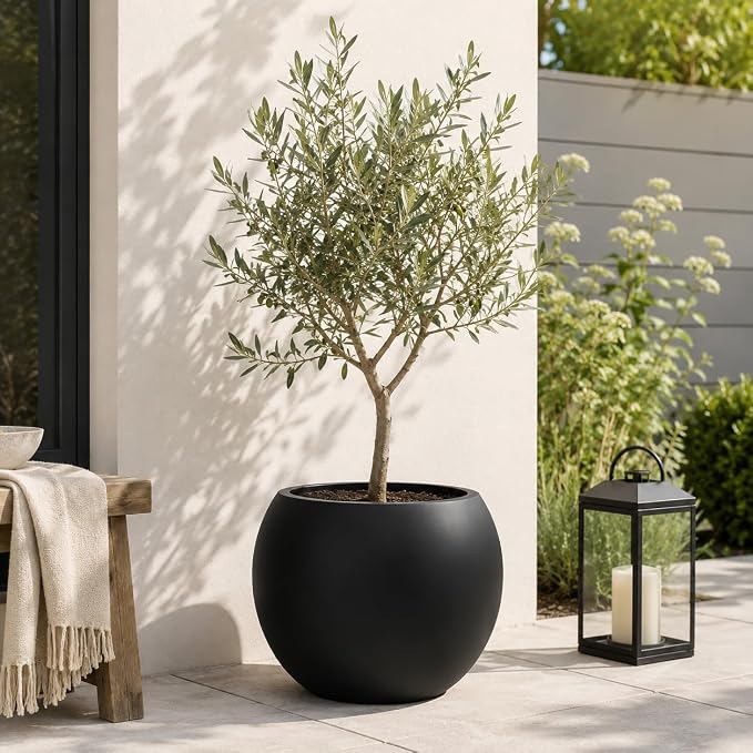 13.5 H x 17" Dia (12" Pot Opening) Black Round Fiberstone Planter with Drainage Hole, Indoor/Outdoor Large Plant Pot for Home Patio Garden, Ideal for Large Plants