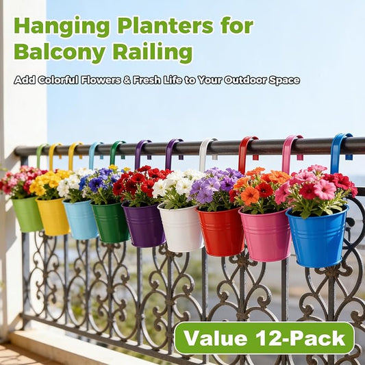 12 Pack Balcony Planters Railing Hanging, Colorful Railing Planter 5.2 Inches Plant Pots with Drainage Holes Hanging Plant Holder Indoor Hanging Planters