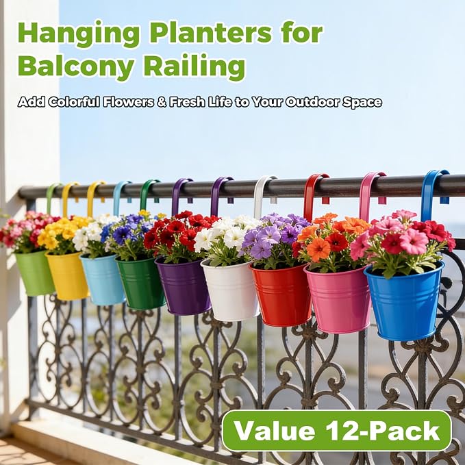 12 Pack Balcony Planters Railing Hanging, Colorful Railing Planter 6.4 Inch Plant Pots with Drainage Holes Hanging Plant Holder Indoor Hanging Planter Outdoor Flower Pots