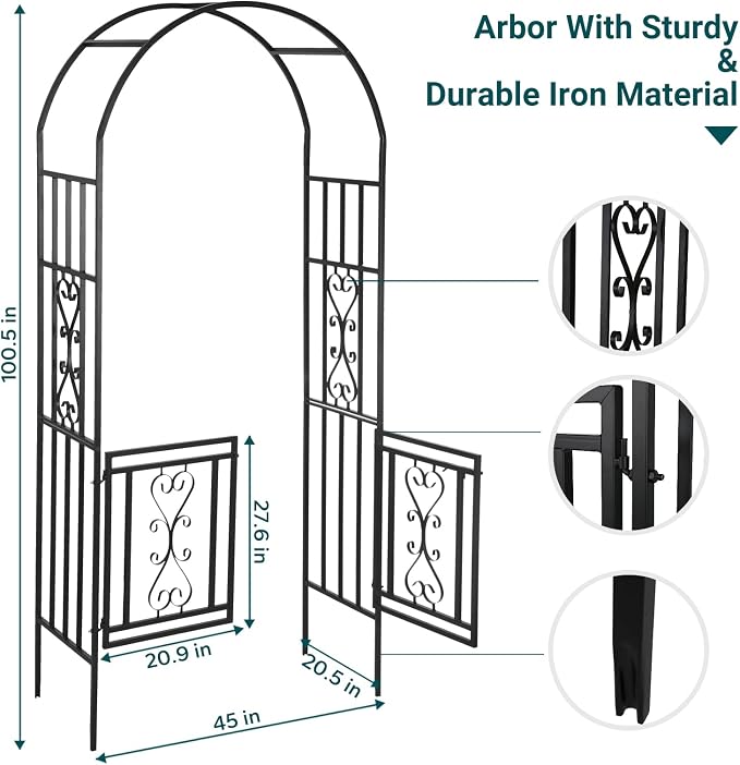 Heavy-Duty Arch with Gate, Iron Arbor Trellis Arbor Archway for Climbing Plants Roses Vines Support Rack, Outdoor Lawn Backyard Patio Wedding Party Ceremony Decoration