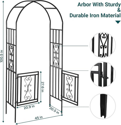 Heavy-Duty Arch with Gate, Iron Arbor Trellis Arbor Archway for Climbing Plants Roses Vines Support Rack, Outdoor Lawn Backyard Patio Wedding Party Ceremony Decoration