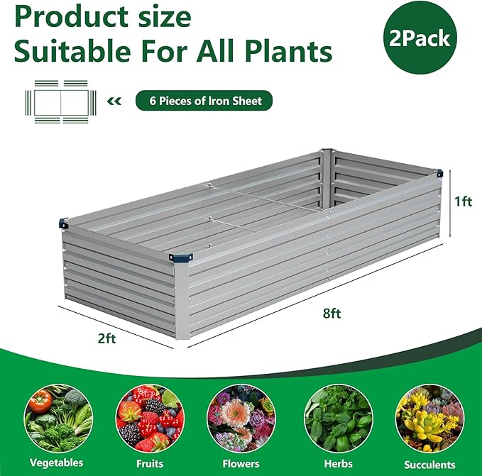 Vengarus 2PCS 8x2x1ft Galvanized Raised Garden Beds Kit,Planter Box Silver | Galvanized Steel, Rectangular Metal Planter Raised Beds, Vegetables, Herbs, Flowers, Easy Assembly, Rustproof Safe Backyard