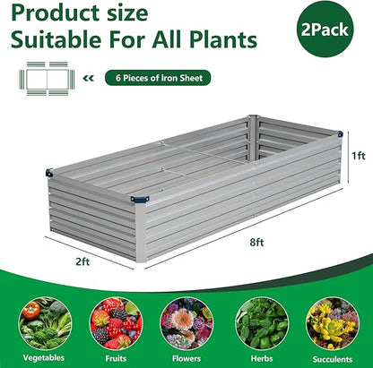 Vengarus 2PCS 8x2x1ft Galvanized Raised Garden Beds Kit,Planter Box Silver | Galvanized Steel, Rectangular Metal Planter Raised Beds, Vegetables, Herbs, Flowers, Easy Assembly, Rustproof Safe Backyard