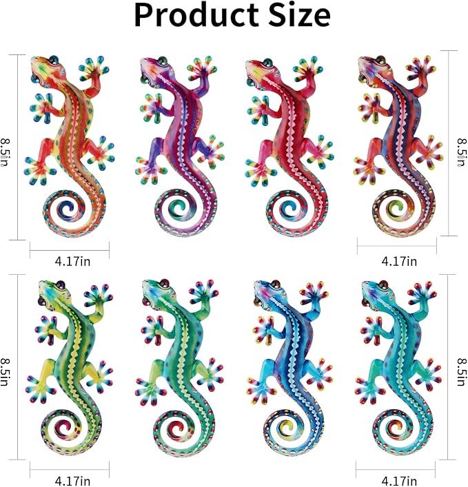 Junware 8 Pcs Metal Gecko Wall Art Outdoor Decor Metal Lizards Wall Decor Lizard 4.2 * 8.5 Inch Suitable for Hanging in Yard Garden Patio Fence Home, Idea Gifts for Mom Father Friends
