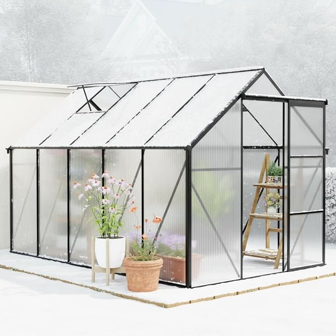 6x10 FT Greenhouse, Walk-in Polycarbonate Greenhouses with Sliding Doors, Aluminum Frame, Adjustable Roof Vent, Raised Base & Anchor, Outdoor Backyard Greenhouse for All Seasons, Black