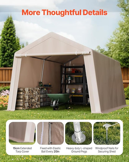 VEVOR 10 x 15 ft Outdoor Storage Shed Tent with Heavy-Duty Steel Frame, 2 Roll-Up Doors & Air Vents, Waterproof Portable Garage Carport Shelter for Motorcycle, Lawn Mower, Garden Tools, Beige