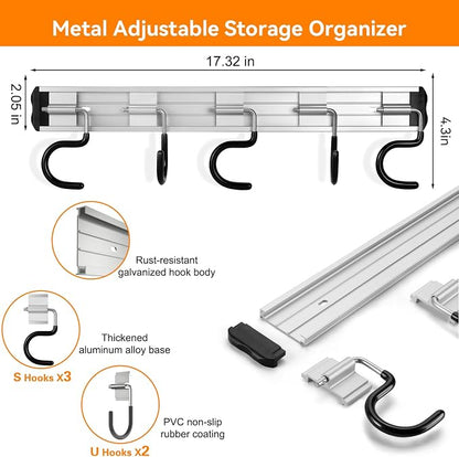 HUPBIPY 34.5'' Aluminum Alloy Garden Tool Organizer Wall Mount Garage Organizers and Storage with Hooks Tool Hangers for Shed Hooks for Shovel, Rake, Broom & More