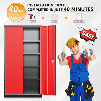 INTERGREAT Metal Storage Cabinet with Doors, 72" Locking Steel Storage Cabinet with Shelves, Tall Metal Cabinet Lockable Steel Cabinets for Home Office, Garage,(Black+Red)